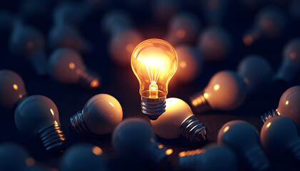 One of Lightbulb glowing among shutdown light bulb in dark area with copy space for creative thinking , problem solving solution and outstanding concept by 3d rendering technique
