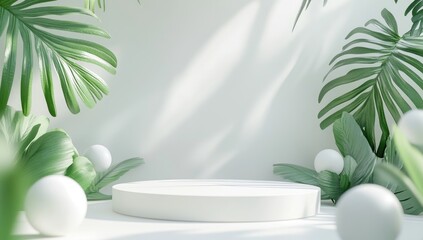 White pedestal surrounded by tropical leaves and light
