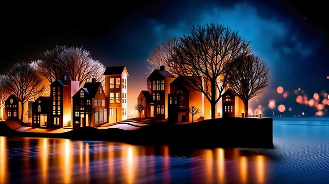 A small town on a small island in the middle of a lake at night