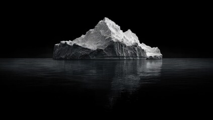 Monochromatic iceberg floating serenely on dark water, its reflection mirrored below, isolated against a black background