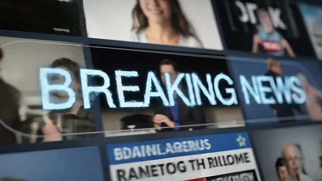Rapid montage of breaking news headlines and faces, symbolizing information overload, urgency, and the constant flow of global events