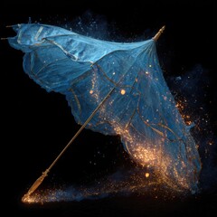 A diaphanous blue parasol, seemingly disintegrating, trails shimmering golden sparks against a stark black backdrop.  The elegant, antique-style handle is visible