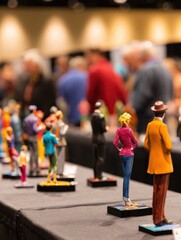 Fototapeta premium Colorful figurines displayed on a table at a busy event, with blurred attendees in the background