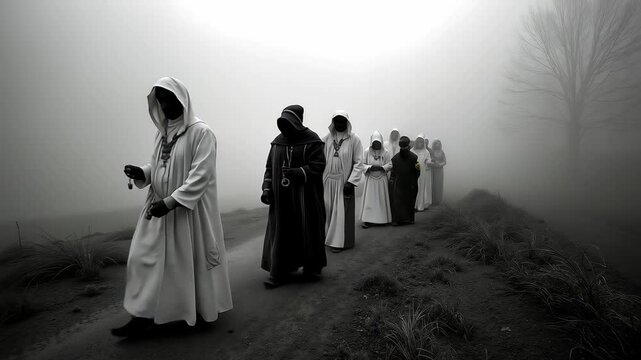 A group of people walking down a dirt road in the fog