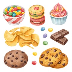 &ldquo;Colorful assortment of snacks and sweets including cookies, chocolate, chips, and candy.&rdquo;
