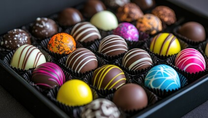 Fototapeta premium Assorted colorful chocolate truffles in a black box
