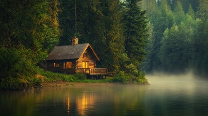 Fototapeta premium Cozy log cabin nestled on a serene lake shore, surrounded by lush forest at dawn.