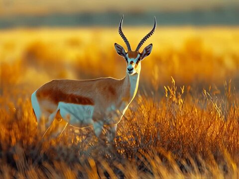Majestic Gazelle Standing Tall in Golden Grassland at Serene Sunset