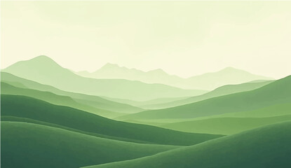 Minimal green landscape with soft mountain silhouettes Vector background for nature-themed designs or tranquil scenes.