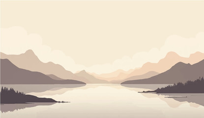 abstract Minimal beige landscape with soft mountain silhouettes and over a calm lake. Vector background for nature-themed designs or tranquil scenes.