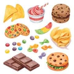 “Colorful assortment of snacks and sweets including cookies, chocolate, chips, and candy.”

