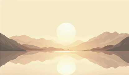 abstract Minimal beige landscape with soft mountain silhouettes and over a calm lake. Vector background for nature-themed designs or tranquil scenes 