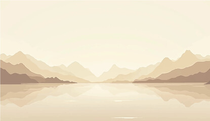 abstract Minimal beige landscape with soft mountain silhouettes and over a calm lake. Vector background for nature-themed designs or tranquil scenes 