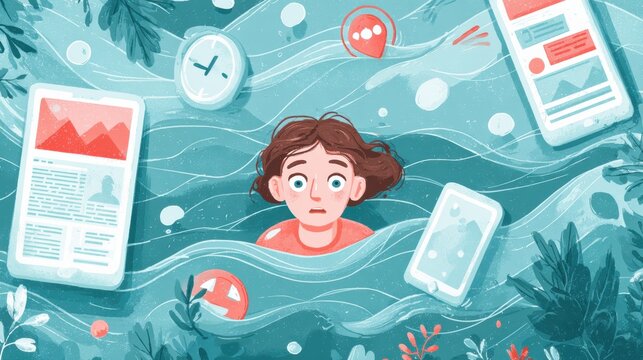 Person Overwhelmed by Digital Alerts and Notifications While Submerged in a Chaotic Sea of Technology and Distractions