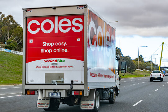 A Coles delivery truck on a Melbourne road in Australia, promotes the supermarket&rsquo;s online shopping and home delivery service, featuring the slogan, and its partnership with SecondBit