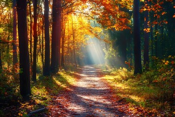 Obraz premium Autumn forest trail covered in colorful fallen leaves