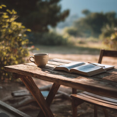 serene square size scene with open bible laying on the table outside, next to a coffee cup and tranquil nature scene; concept of bible study, calmness, searching for answers