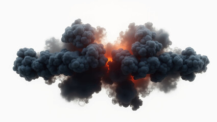 Generate a symmetrical image of a dense, dark smoke cloud expanding outwards from a central, intense orange and red glowing core, indicative of a powerful explosion or a fiery reaction.