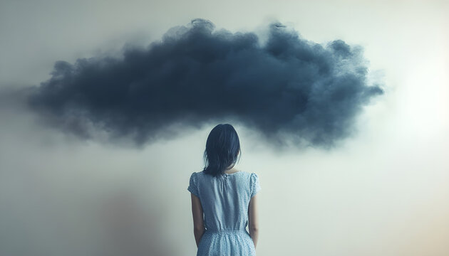desperate woman in a room with big black cloud