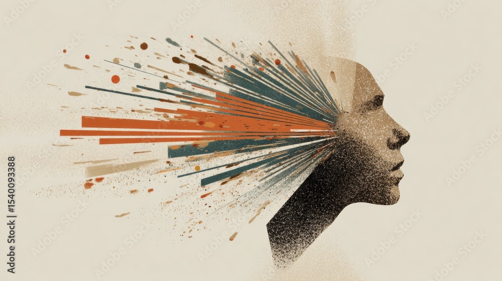 Poster stylized representation of anxiety with explosive lines emanating from the temple, illustrating ment