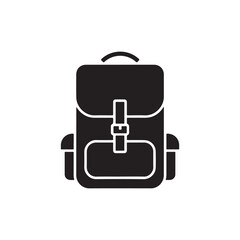 Obraz premium Black silhouette of camping backpack with flap, buckle, and side pockets, white background