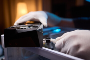 Computer Rig Close Up Showing Graphic Card Power Cable