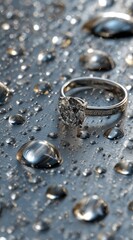 A solitaire diamond ring rests on a surface covered in glistening water droplets, reflecting light