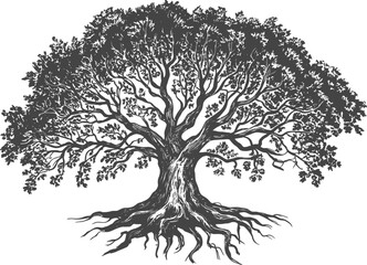 Illustration of a large tree with detailed branches and root system
