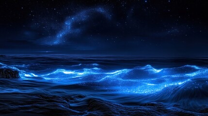 Fototapeta premium Night ocean waves glowing with bioluminescence under a starlit sky.