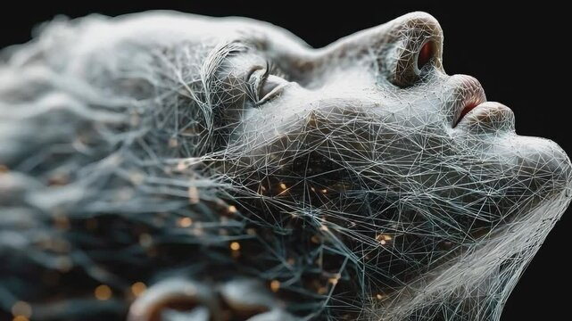Abstract Head in Digital Web: An abstract human head is enmeshed in a complex digital web, symbolizing connectivity and the intricacies of the digital age.