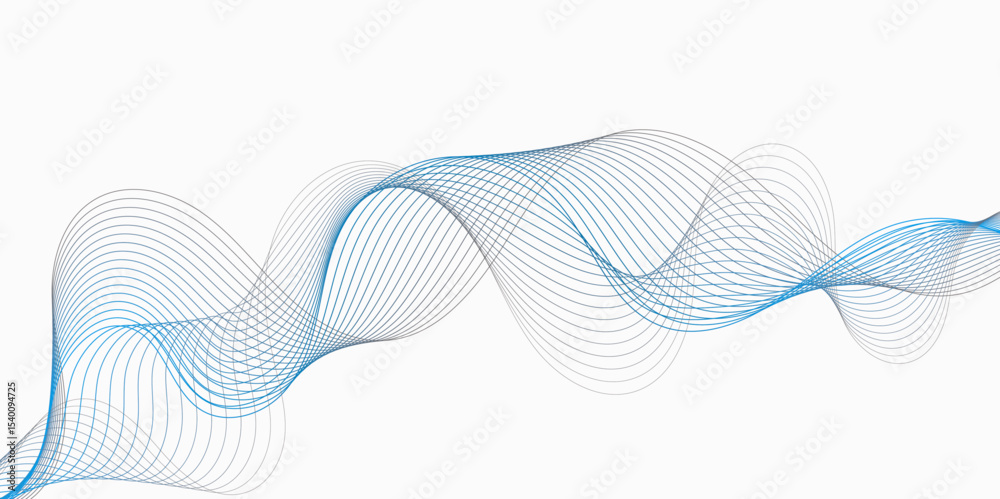 Poster abstract flowing lines in shades of blue and gray on a white background creating a wave pattern whit