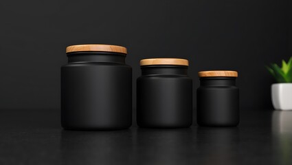 Three black matte jars with wooden lids mockup