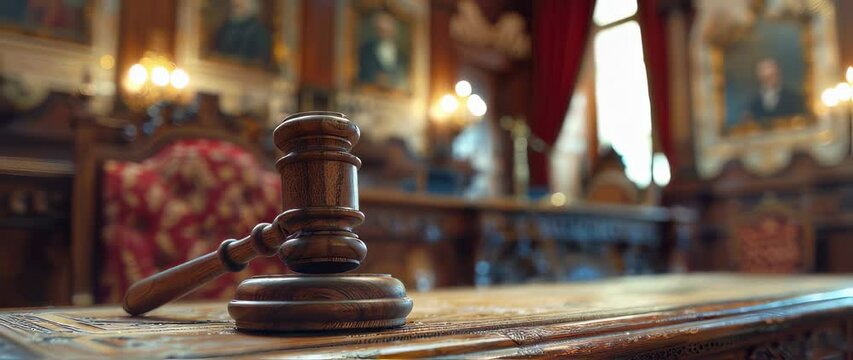 Elegant Gavel Resting on Ornate Wooden Bench in Classic Courtroom Setting