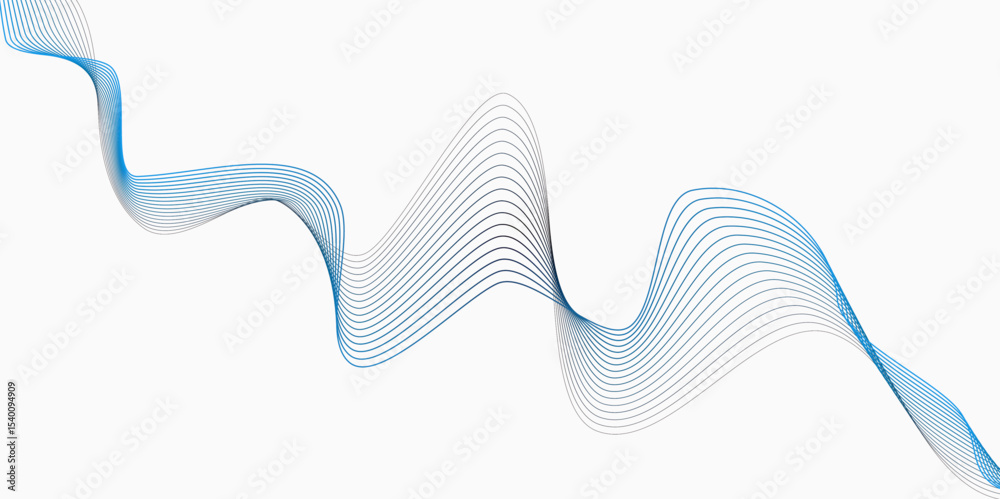 Poster abstract flowing lines in shades of blue and gray on a white background creating a wave pattern whit