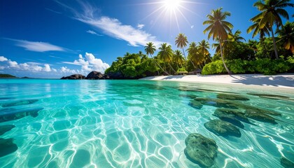 Beach with Clear Blue Water, Palm Trees, White Sand, Sunny Sky, Peaceful Island, Summer Vacation Paradise and Nature Scene
