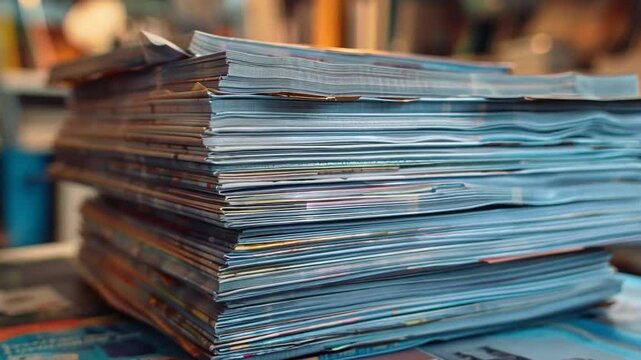 A stack of old magazines and newspapers. Useful for educational videos and presentations about history, and in advertising antiques and collectibles.
