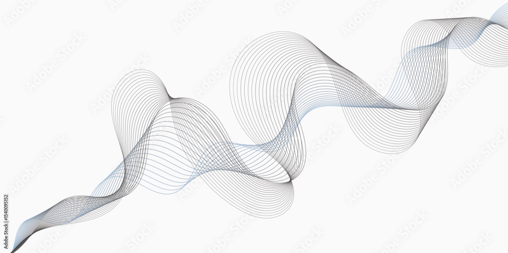 Poster abstract flowing lines in shades of blue and gray on a white background creating a wave pattern whit