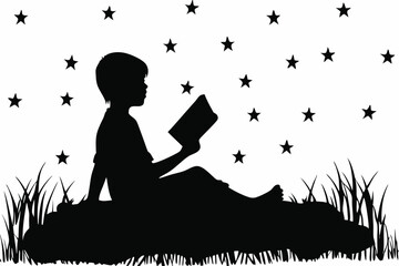Child Reading a Book Under Starry Sky Sparked by Imagination