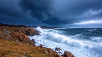Obraz premium Dramatic coastal scene with crashing waves and dark storm clouds over rocky shoreline