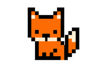 Pixelated orange fox sitting frontally, minimalist cartoon-style rendering against transparent backdrop