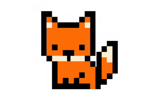 Pixelated orange fox sitting frontally, minimalist cartoon-style rendering against transparent backdrop