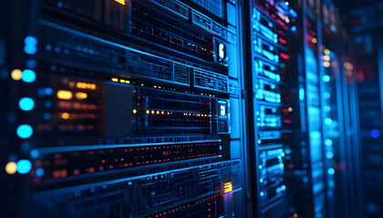 Server rack with glowing it logo, data cables, and blue lighting on a dark background