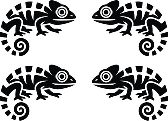 Four black chameleon silhouettes facing each other on a white background