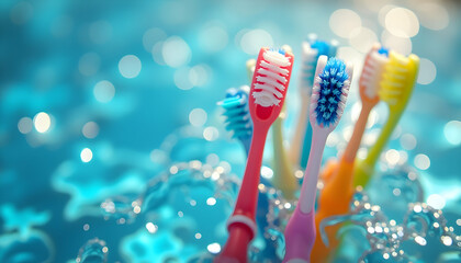 Colorful Toothbrushes Standing in Water with Shiny Light Bokeh
