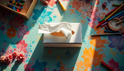 Tissue Box on a Floral Table with Art Supplies in Sunlight
