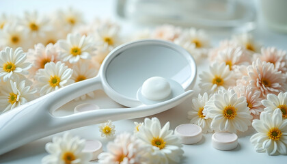 Pill on Spoon with Flowers Wellness Concept
