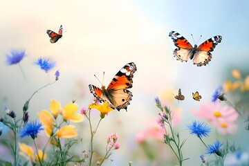 Butterflies resting on wildflowers in an open field