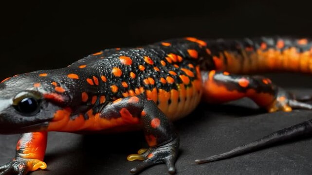 Video with a vivid image of a salamander on a dark background, useful for nature documentaries, wildlife education programs and biodiversity presentations.
