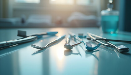 Dental Instruments on Table with Sunlight Reflecting