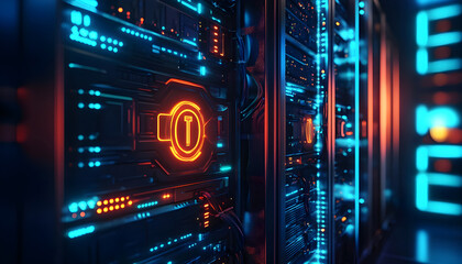 Naklejka premium Server rack with glowing it logo, data cables, and blue lighting on a dark background